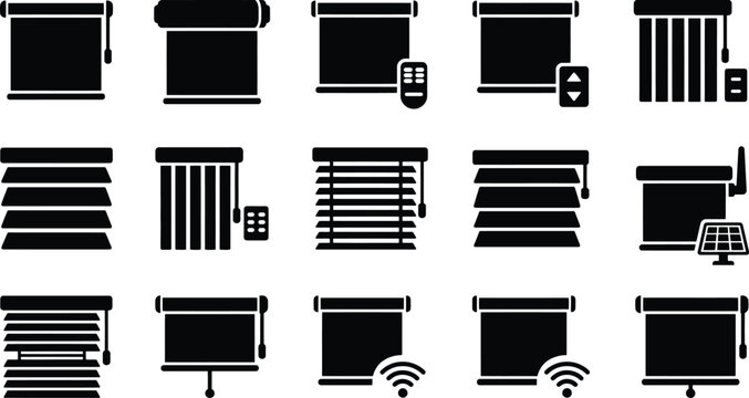 Window treatment icon set with blinds shades and smart control symbols for interior design