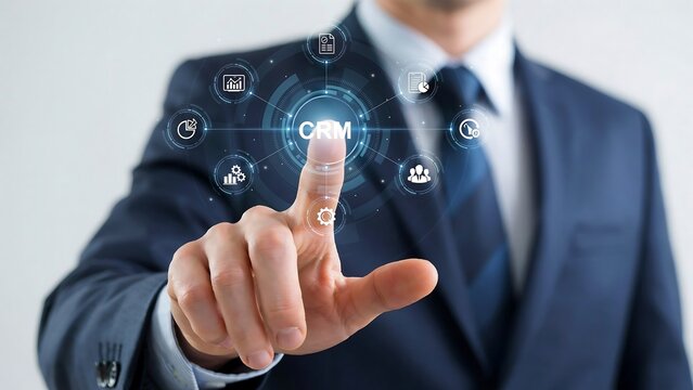 Businessman touching a virtual CRM button on a futuristic interface for customer relationship management software and business strategy