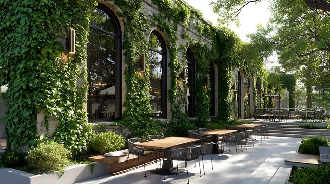 Modern dining tables on a peaceful courtyard covered in ivy