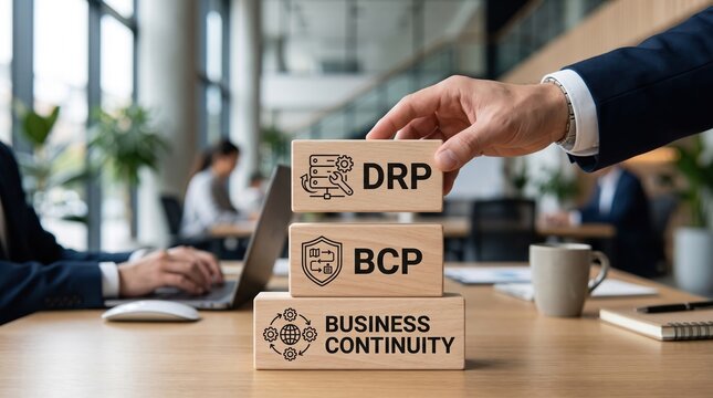 Businessman building a stack of wooden blocks with business continuity disaster recovery and planning concepts