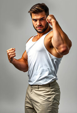 Strength and determination, muscular man in white tank top posing with clenched fists for fitness motivation and personal power concept on grey background