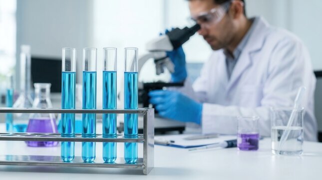 A professional chemist analyzing a sample using a microscope in a biochemistry laboratory.
