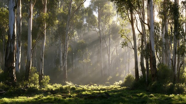 Sunlight rays piercing through eucalyptus trees in a lush meadow with long shadows in the early morning