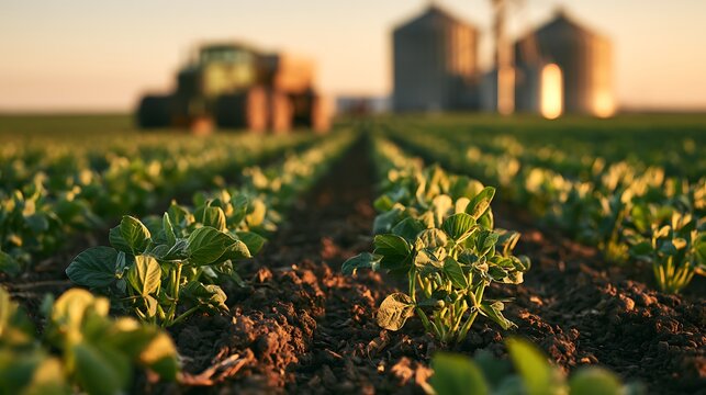 Young green soybean plants growing in a fertile farm field
