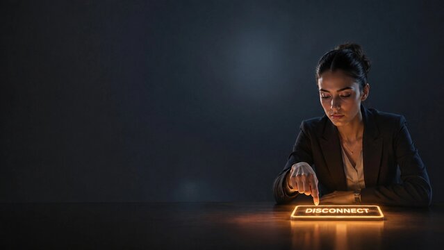 Professional woman before pressing glowing disconnect button, emotional decision moment