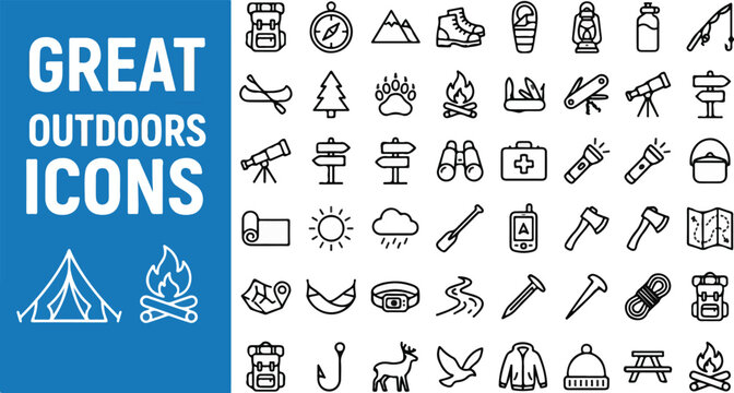 Great outdoors line art vector icon set with camping adventure hiking and nature exploration elements