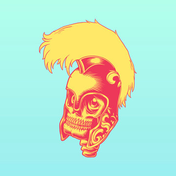 Illustration of a Roman helmet with a skull design on a blue background.