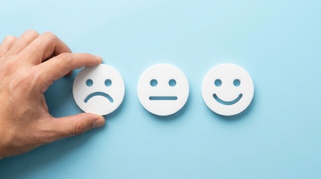 A hand picking a poor unhappy face to illustrate customer negative feedback.