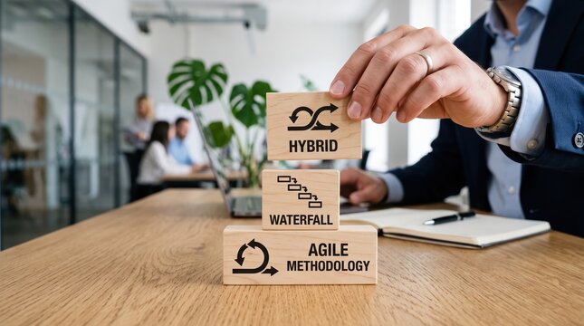 Businessman building a stack of wooden blocks with project management methodology concepts