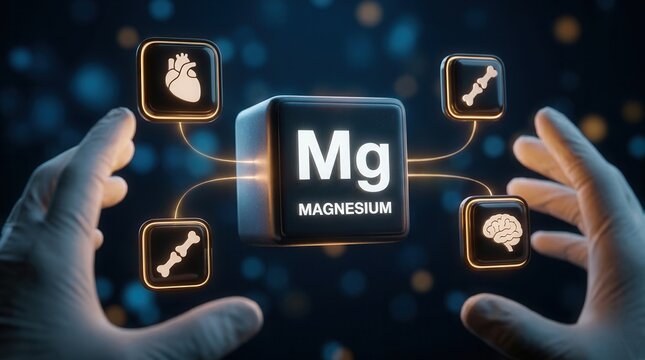Infographic chart showing the health benefits and functions of magnesium with vector icons.
