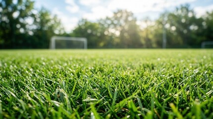 Obraz premium Close-up view of green grass on a professional soccer field with blurred goalposts and trees.