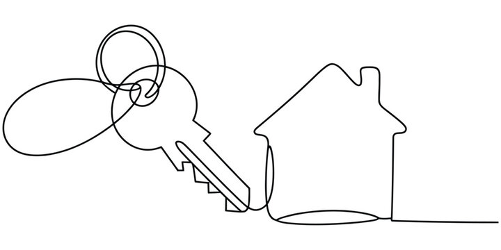 Continuous single line drawing of a house and a key for real estate concept Vector, illustration