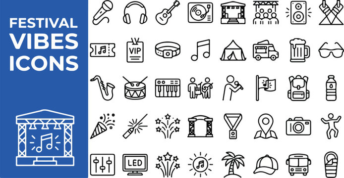 Festival vibes line art vector icon set with music concert party celebration and entertainment elements