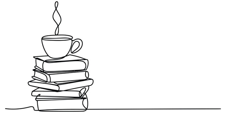 Continuous single line drawing of a steaming coffee cup on a stack of books Vector, illustration
