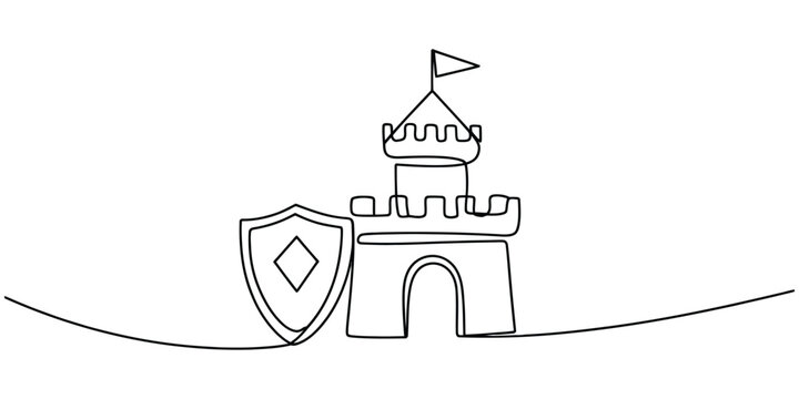 Continuous single line drawing of a medieval castle with a protective shield icon isolated on a white background Vector, illustration