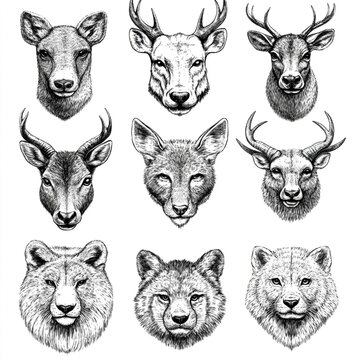 Set of hand-drawn animal heads including deer wolves bears in black and white sketch style deer head wolf head bear head vector set wildlife