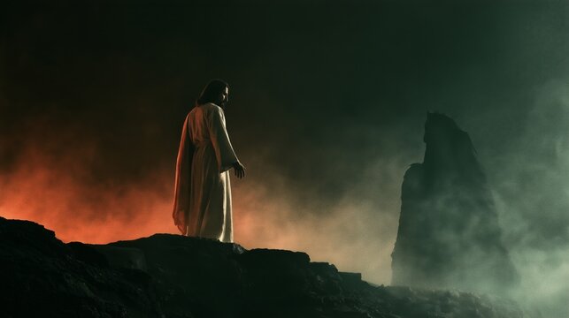 Jesus and Satan face each other in a dramatic scene with contrasting backgrounds of light and shadow