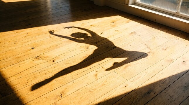 Sunlight creates a dramatic shadow of a dancer in a bright indoor space
