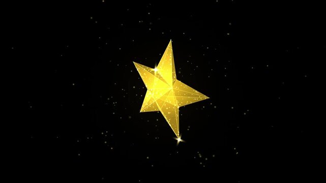 Golden 3 d star morphing animation with sparkling particle effects on black background, golden star 3d animation