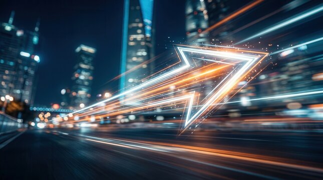 Abstract arrow of light speeding across a blurred city representing business transformation.