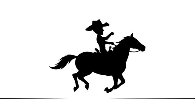 Silhouette of a cartoon cowboy riding a horse isolated on a white background