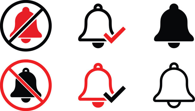 Notification bell icons with warning and check marks vector