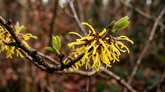 Close up of vibrant yellow witch hazel flowers blooming on bare branches in winter