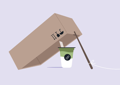An ironical setup features a cardboard and stick trap holding a delicious cup of matcha latte, inviting the observer to laugh at the trendy drink craze, The setting is playful and creative.