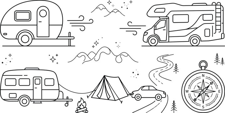 Camping and road trip vector icon set with camper van travel trailer tent bonfire and navigation compass.