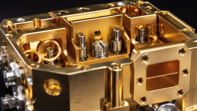 Macro Detail of Precision-Tuned Cavity Resonator Screws in Space-Grade RF Filter