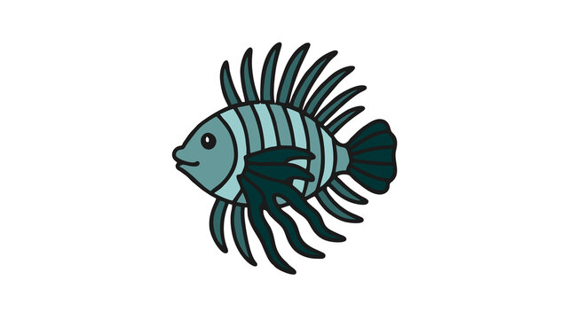 A cartoon illustration of a unique blue-striped lionfish with long fin spines, set against a plain white background.