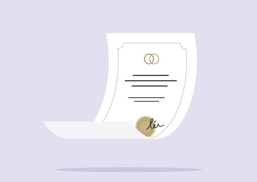 A fine marriage certificate proudly showcased, complete with a golden seal and delicate rings, representing the union of two hearts in a meaningful commitment.