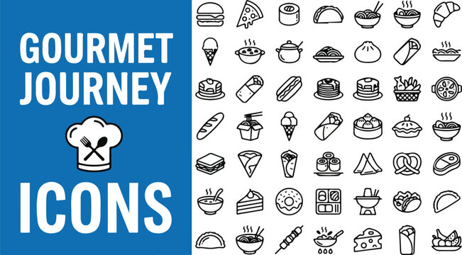 Gourmet journey line art vector icon set with fast food snacks bakery and delicious meals
