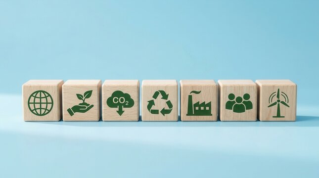 ISO 14001 certified environmental management systems concept with wooden blocks.