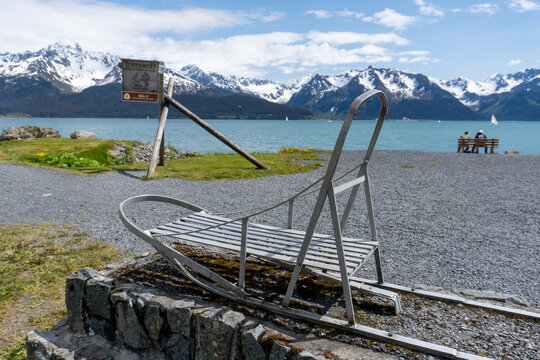 Seward, Alaska: Iditarod National Historic Trail. Mile zero sign and dogsled. 938 Miles to Nome. 1910 Nome gold rush. 