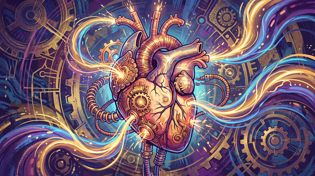 An intricately designed futuristic heart infused with steampunk elements, gears, and vibrant energy, representing the fusion of technology and emotion in a visually stunning way.