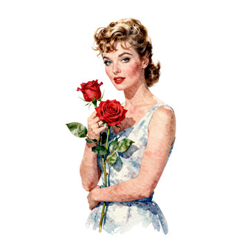 Retro woman holding red roses with blue eyes and curly blonde hair