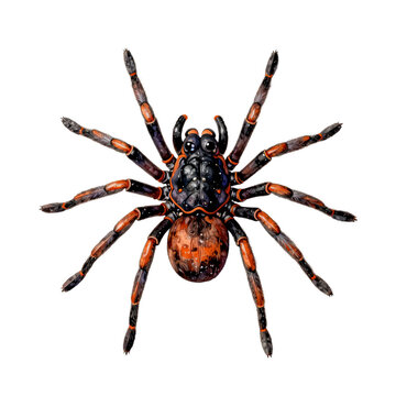 Detailed watercolor illustration of a vibrant tarantula with black and orange markings