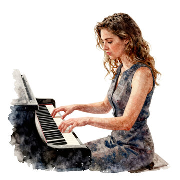 Young woman with curly hair plays the piano with concentration