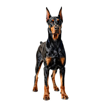 A majestic doberman pinscher stands alert with intelligent eyes and erect ears