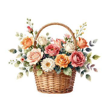 Watercolor floral arrangement with roses and daisies in a woven basket