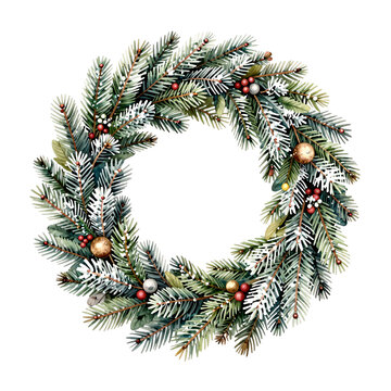 Elegant pine branch wreath with frosted tips and festive baubles