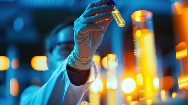 Scientist holding test tube with glowing liquid in a dark laboratory.