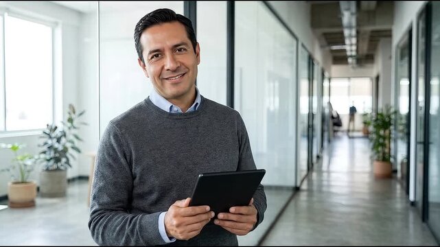 Smiling businessman holding digital tablet in modern office hallway