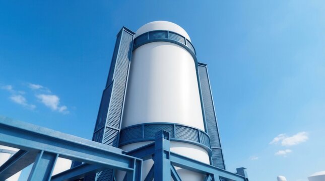 Small modular nuclear reactor (SMR) unit standing under a clear blue sky.