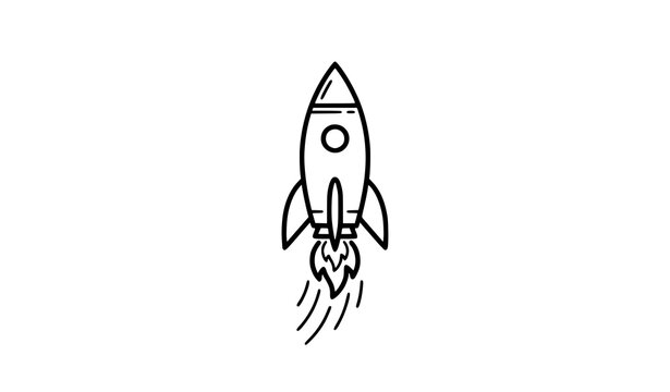 Rocket launch icon with fire exhaust flames and motion lines representing startup business and space travel outline graphic rocket ship spacecraft icon launch vector ignition flame