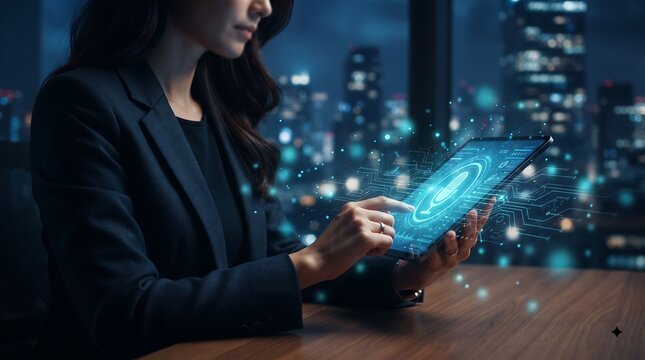 It professional pointing toward a floating handshake partnership icon on a virtual dashboard, futuristic business technology concept, digital transformation