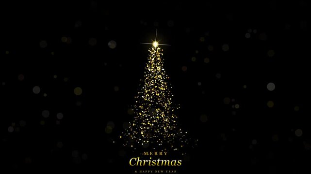 Golden glitter christmas tree animation with glowing particles and merry christmas greeting on black background