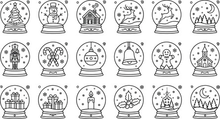 Naklejka premium Christmas snow globe line icon set with winter holiday trees snowman gifts reindeer black vectors on white