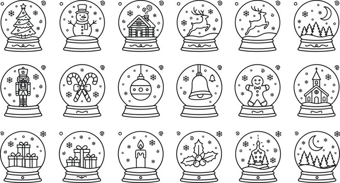 Christmas snow globe line icon set with winter holiday trees snowman gifts reindeer black vectors on white